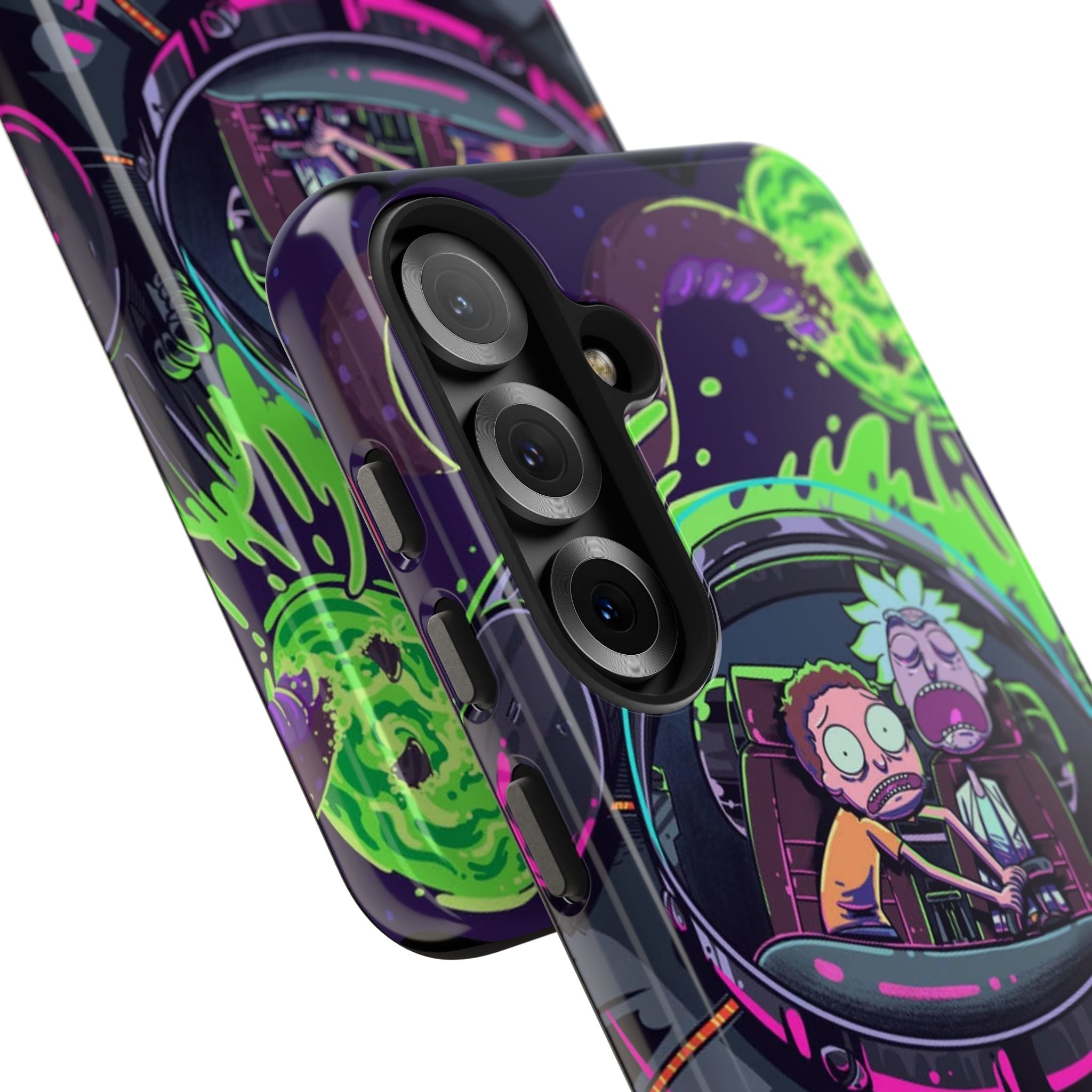 Rick & Morty Neon UFO Tough Phone Case — Retro Sci‑Fi Galaxy Protective Cover