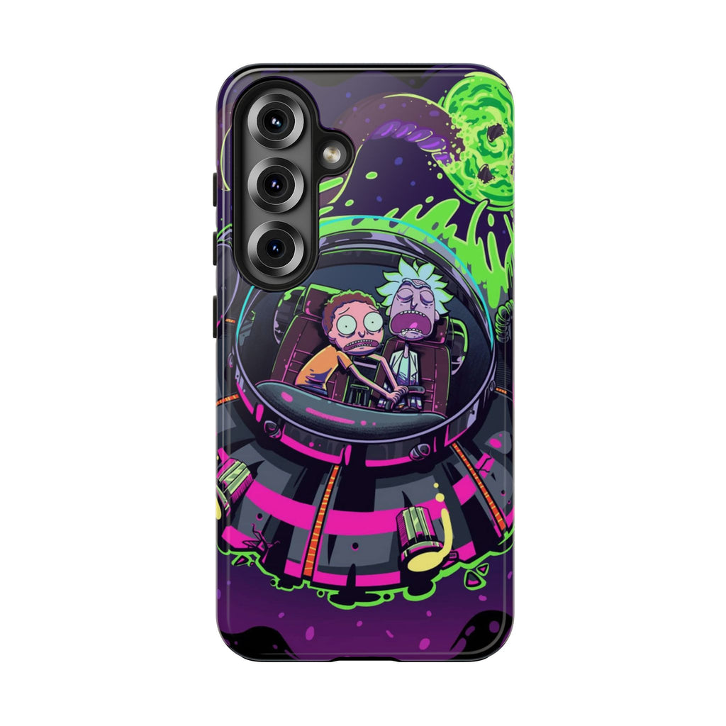Rick & Morty Neon UFO Tough Phone Case — Retro Sci‑Fi Galaxy Protective Cover
