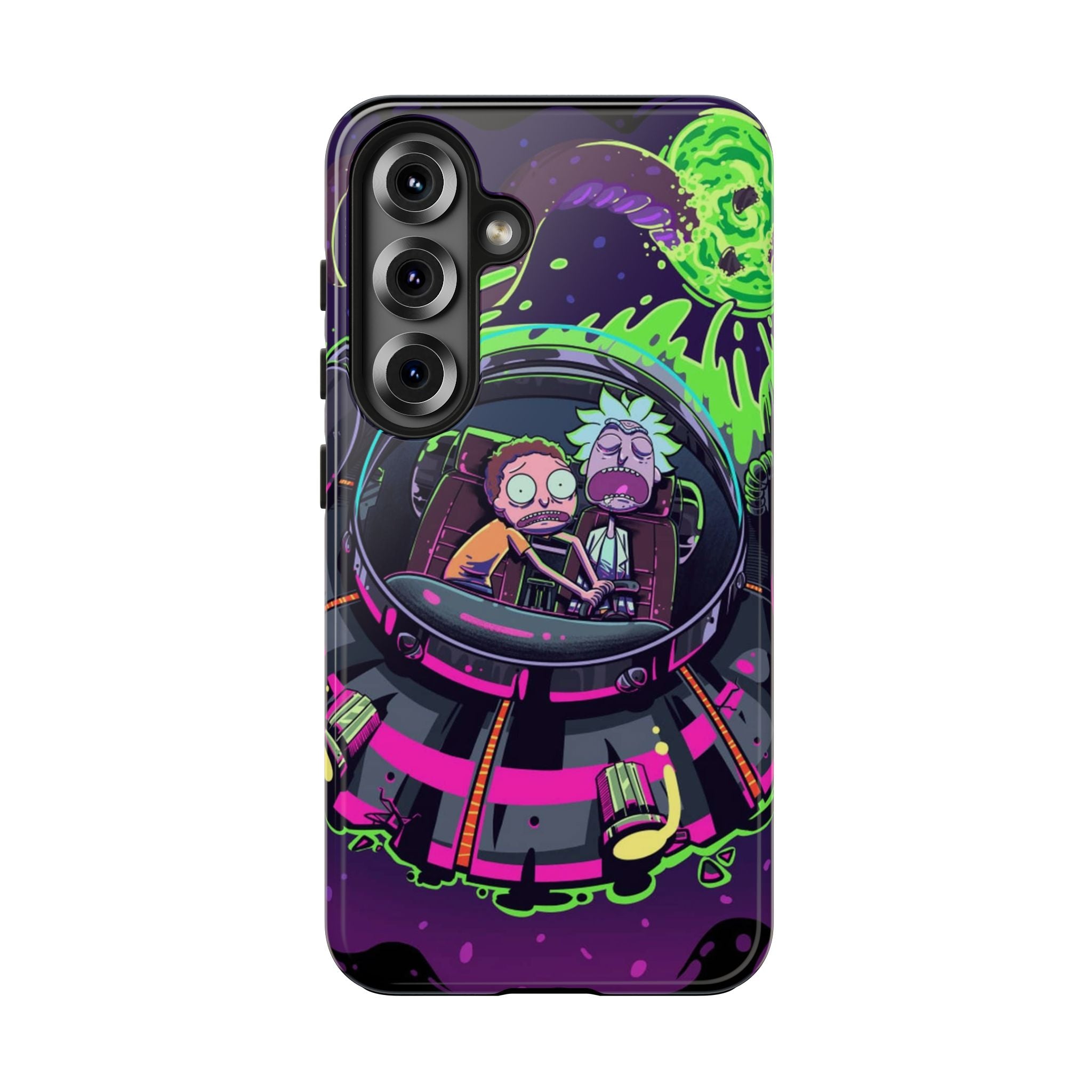 Rick & Morty Neon UFO Tough Phone Case — Retro Sci‑Fi Galaxy Protective Cover