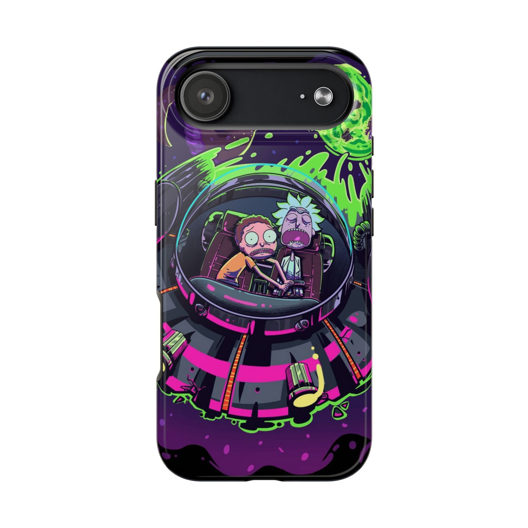 Rick & Morty Neon UFO Tough Phone Case — Retro Sci‑Fi Galaxy Protective Cover