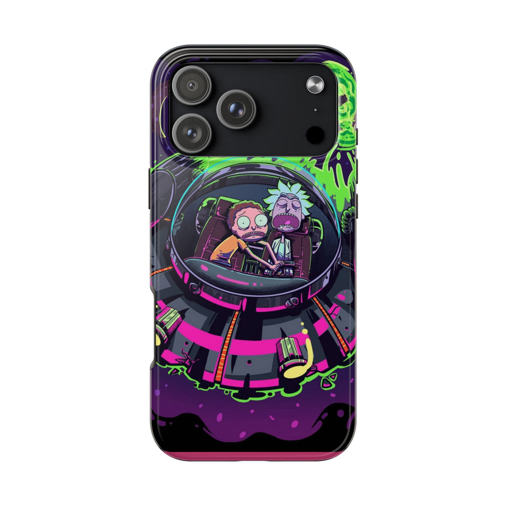 Rick & Morty Neon UFO Tough Phone Case — Retro Sci‑Fi Galaxy Protective Cover