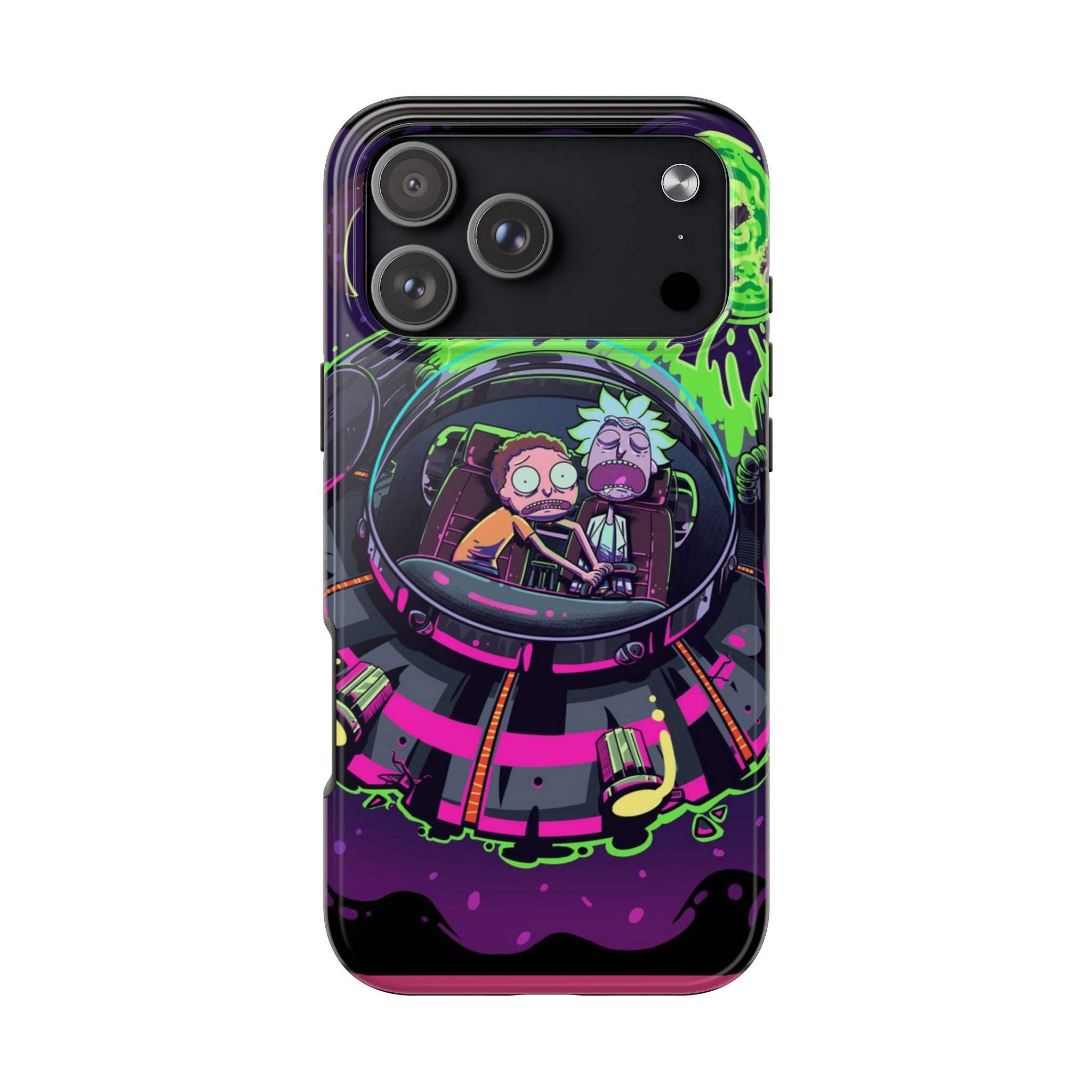 Rick & Morty Neon UFO Tough Phone Case — Retro Sci‑Fi Galaxy Protective Cover