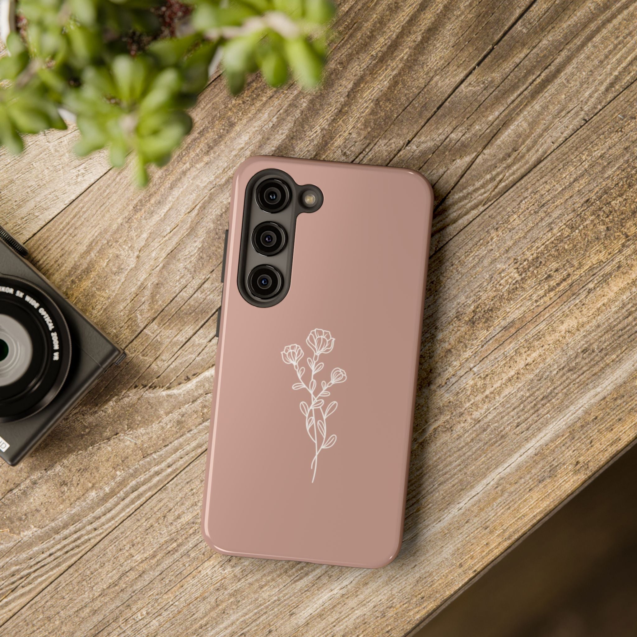 Phone Case — Minimal White Floral Outline on Blush