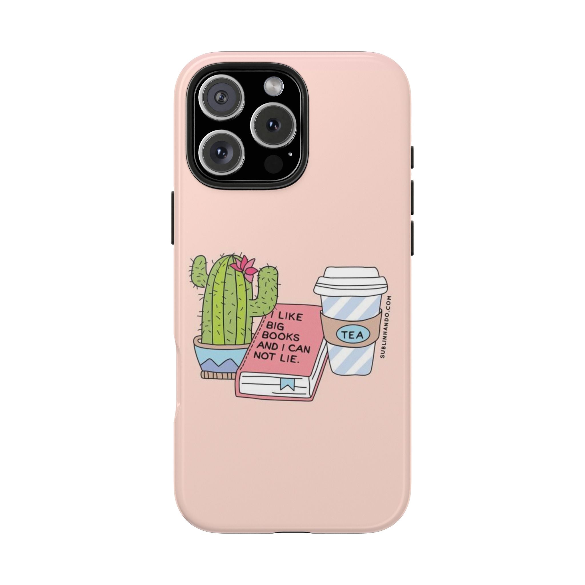 Phone Case — Cute Cactus, Books & Tea Illustration ("I Like Books and I Can Not Lie")