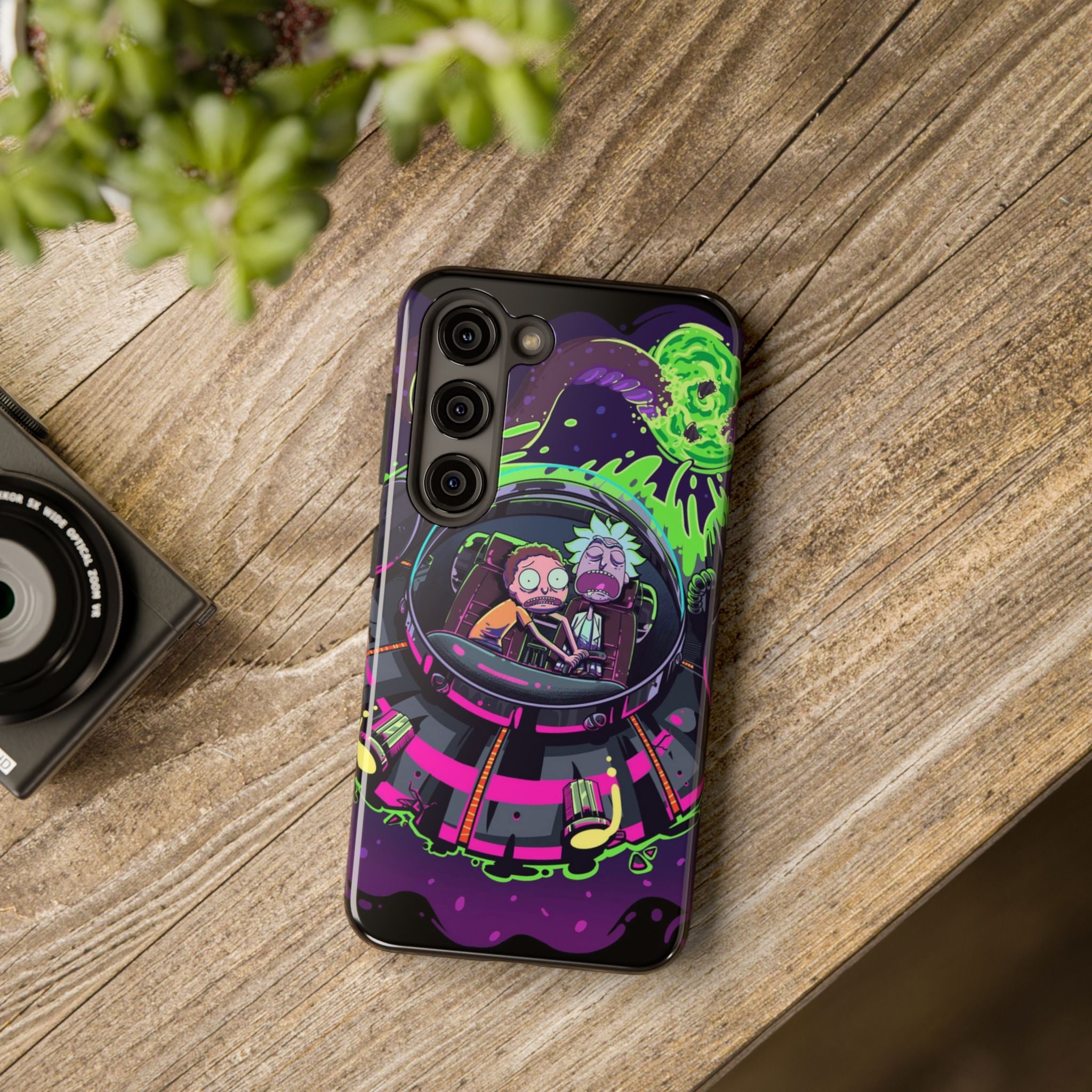 Rick & Morty Neon UFO Tough Phone Case — Retro Sci‑Fi Galaxy Protective Cover