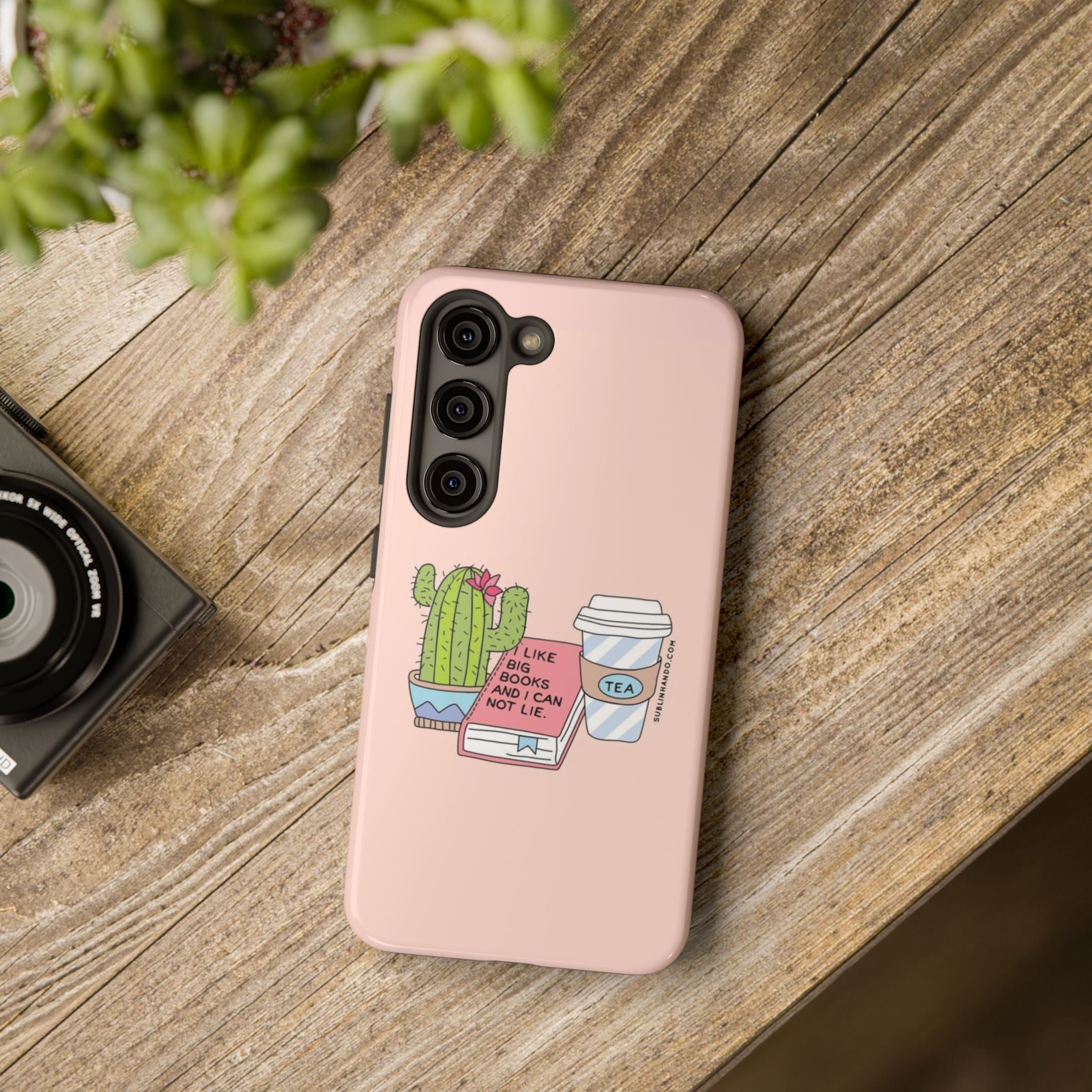 Phone Case — Cute Cactus, Books & Tea Illustration ("I Like Books and I Can Not Lie")