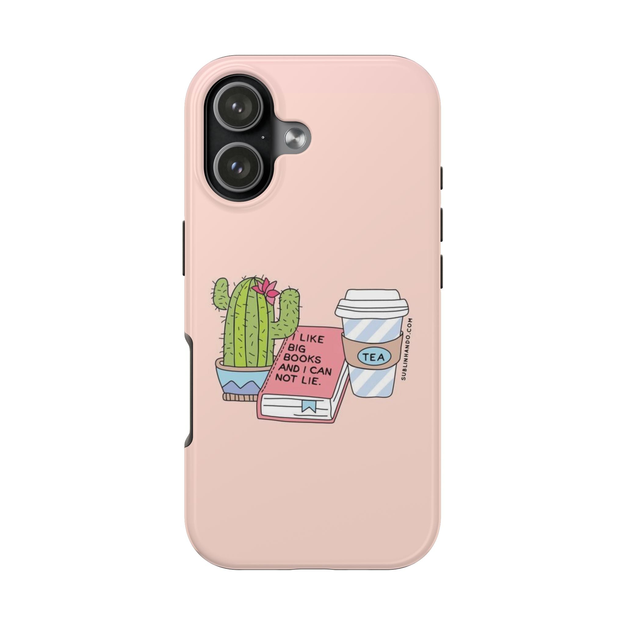 Phone Case — Cute Cactus, Books & Tea Illustration ("I Like Books and I Can Not Lie")